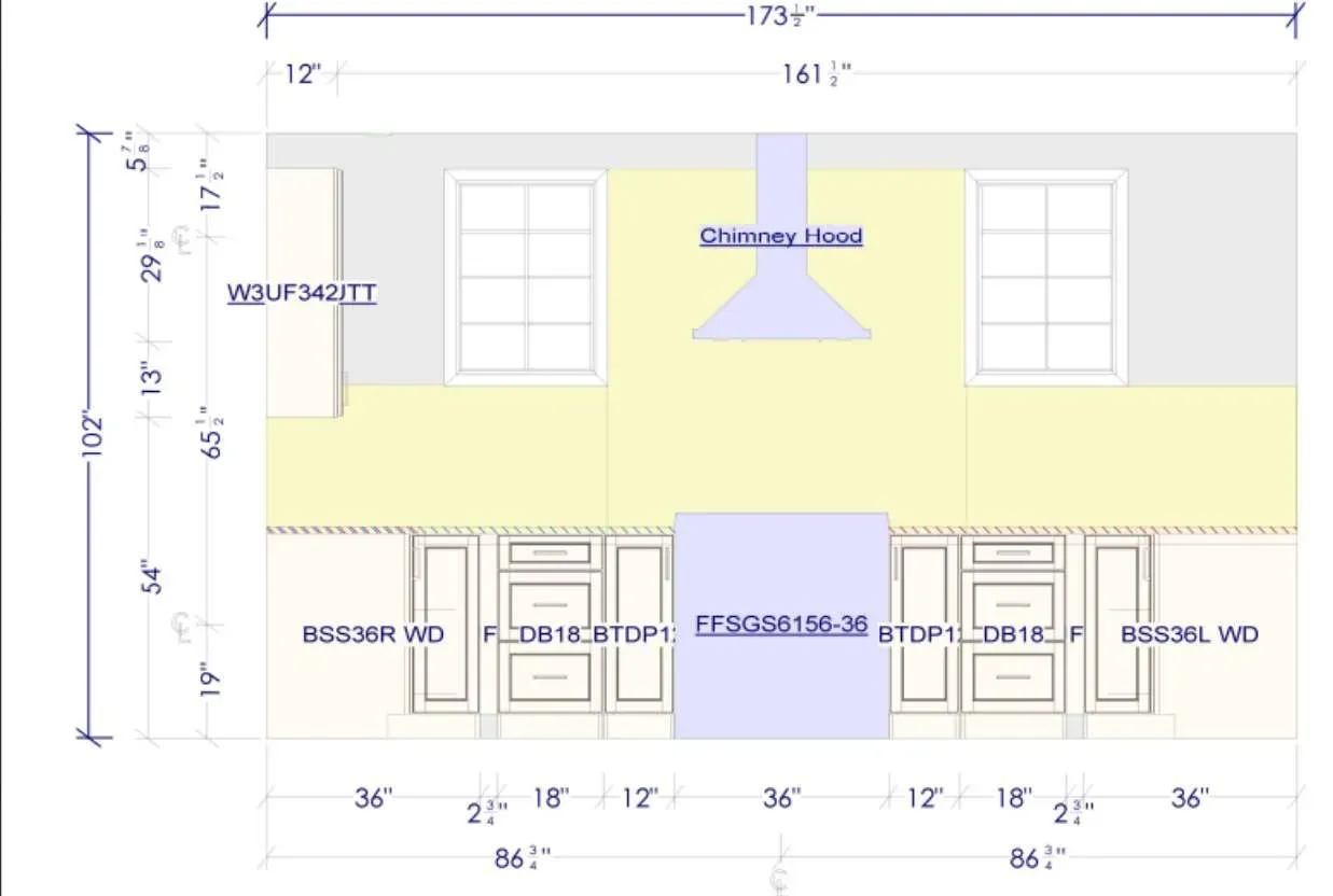Elevation drawing of a kitchen wall with every cabinet dimensioned